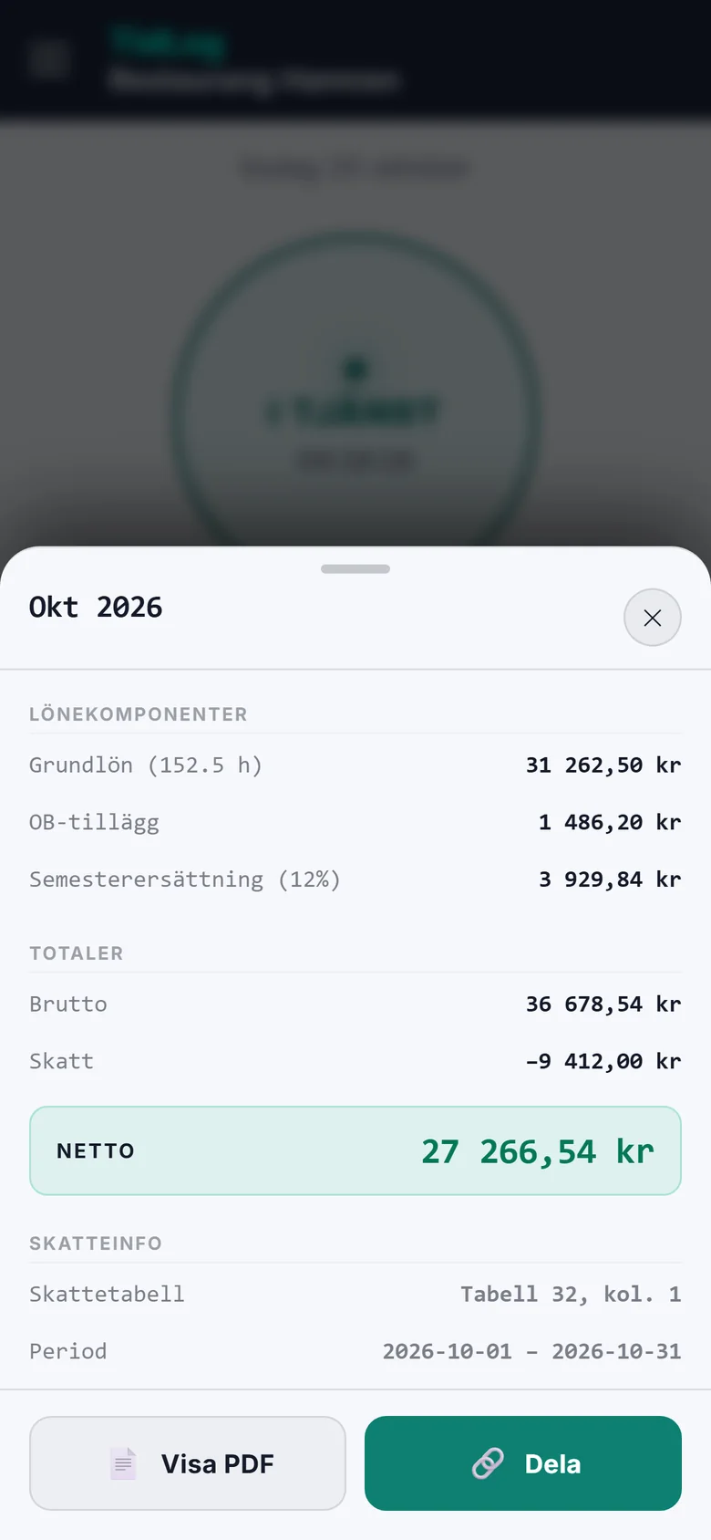 Lönespecen för oktober i personalens telefon med grundlön, OB, semesterersättning, skatt och netto
